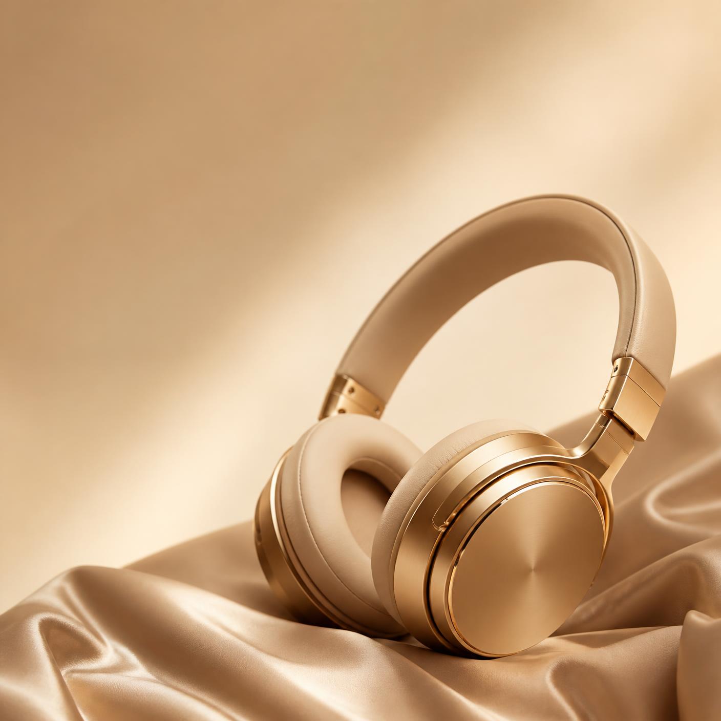 Gold headphones on champagne silk — Golden Aura premium subliminal audios